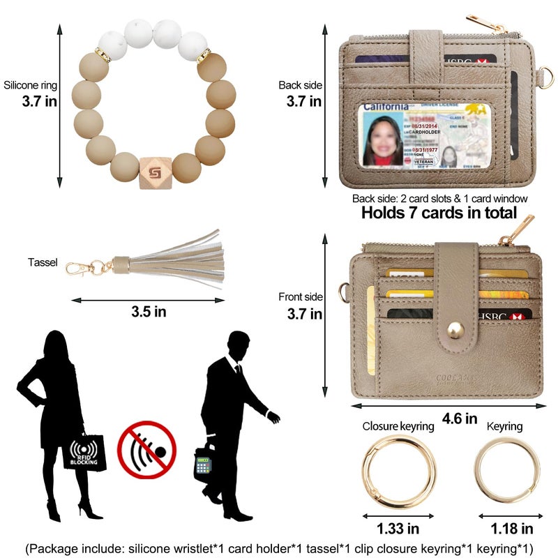 COOLANS Wristlet Bracelet Keychain Pocket Credit Card Holder Purse Tassel Keychain Bangle Key Ring for Women (Silicone Bead Bracelet+Card Purse (Brown)) - Image 2